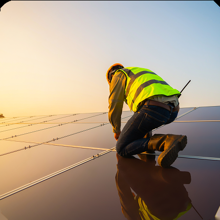 Een technicus die aan een zonnepaneel werkt Een technicus die aan een zonnepaneel werkt